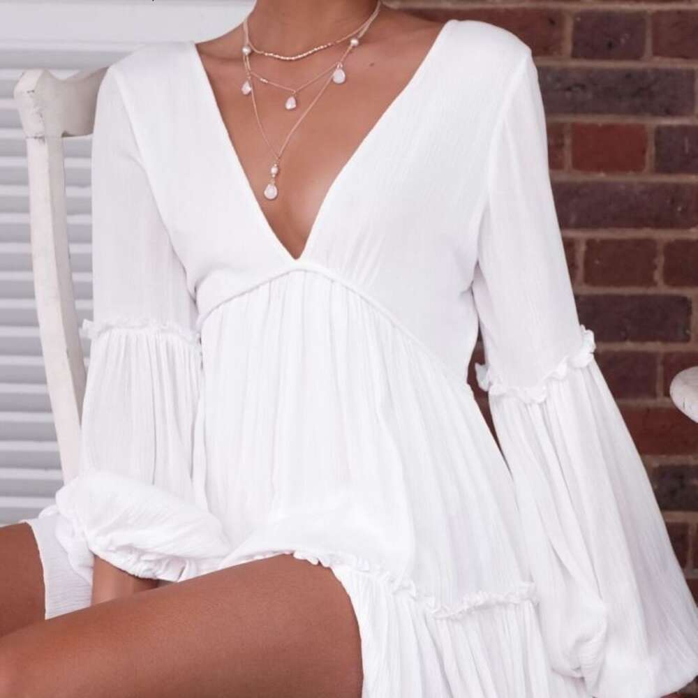 2024 New White V-neck Lantern Sleeves Dress