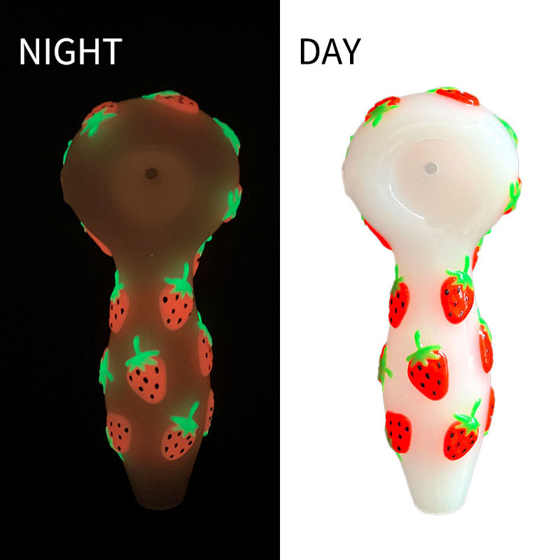 1pc,4in Colorful Hand Drawn Glass Water Pipe,Cute Strawberry Pattern With Glow In Dark,White Jade Pipe,Borosilicate Glass Bong,Glass Hookah,Smoking Ac