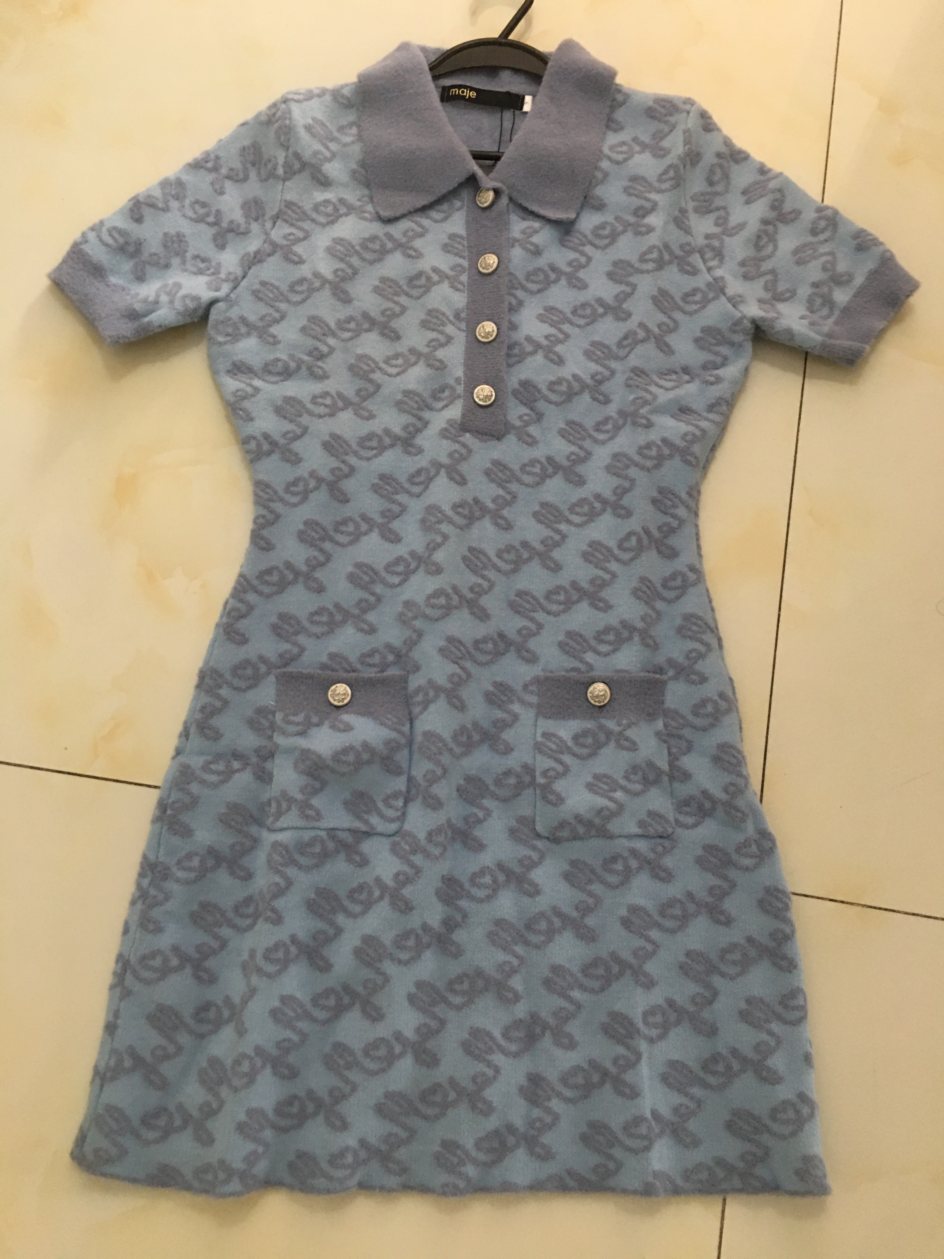 2024 Spring/Summer New M-aje Blue Fragrant Letter Jacquard Polo Collar Slim Knitted Dress