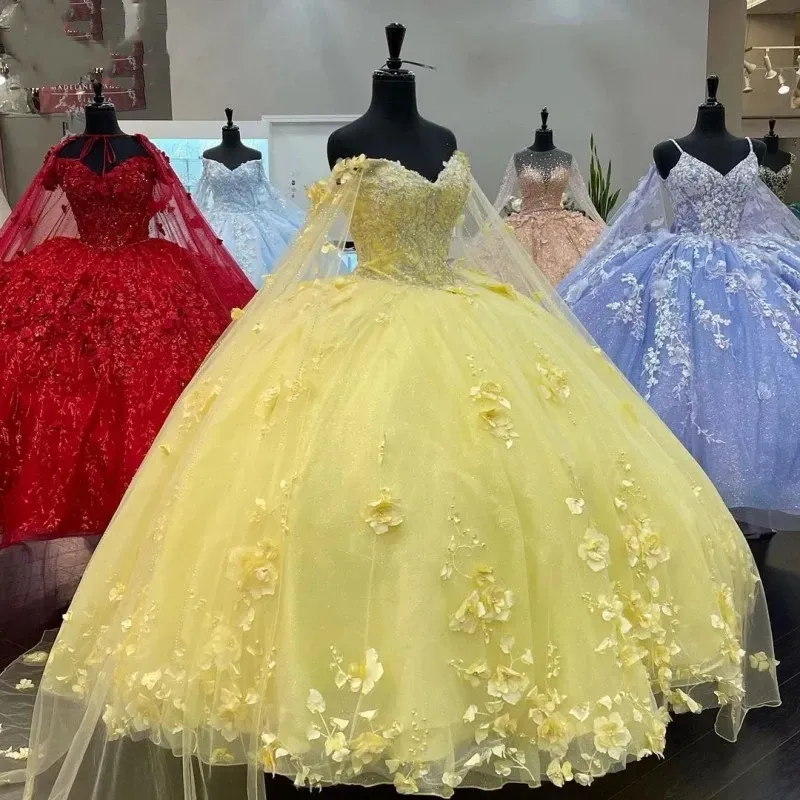 Daffodil Quinceanera Dresses 3D Ral With Cape Off Shoulder Sweet 15 Gowns Beads Princess Vestidos 16 Anos For Special Ocns 6660305