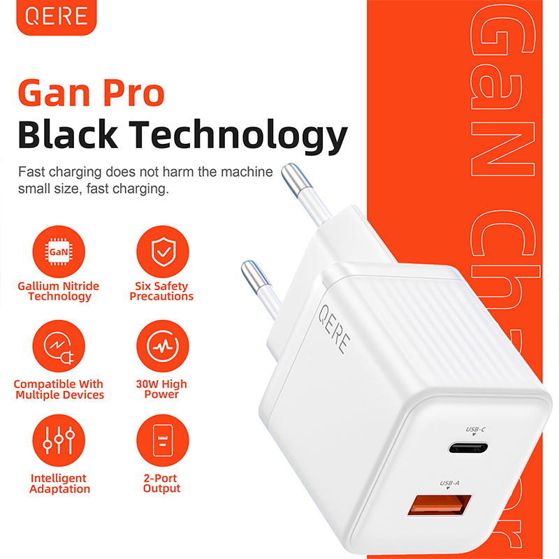 QERE 30W PD GaN Phone Universal Adapters EU Plug Safe Type C USB Intelligent Fast Charging Mini Portable Fast Charger