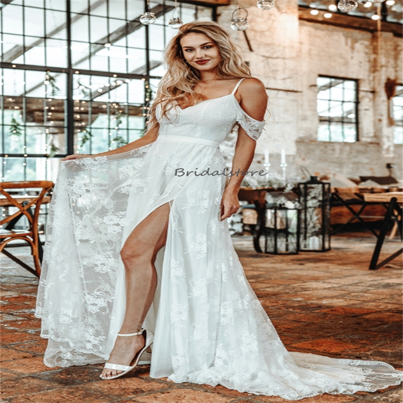 Civil Lace Boho Wedding Dress Spaghetti Straps A Line High Slit Beach Bridal Dresses 2024 Sexy Backless Bohemian Bride Dress Great Gatsby Chic Novias 