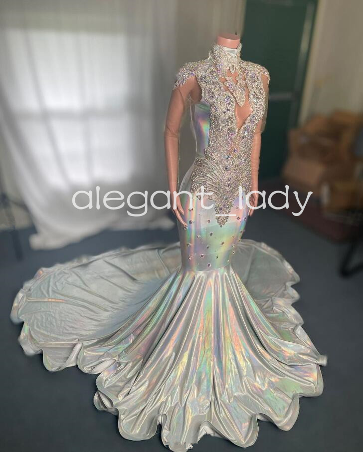 White Sparkly Long Evening Pageant Dresses for Black Girl Luxury Diamond Crystal See Through Prom Gala Birthday Dress 2024
