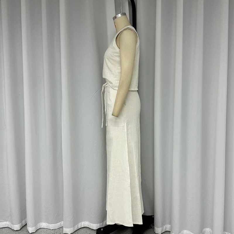 Wefads Women Two Piece Set Summer Casual Fashion One Shoulder Sleeveless Vest Solid With Belt Pocket Slit Skirt Set Streetwear 240315