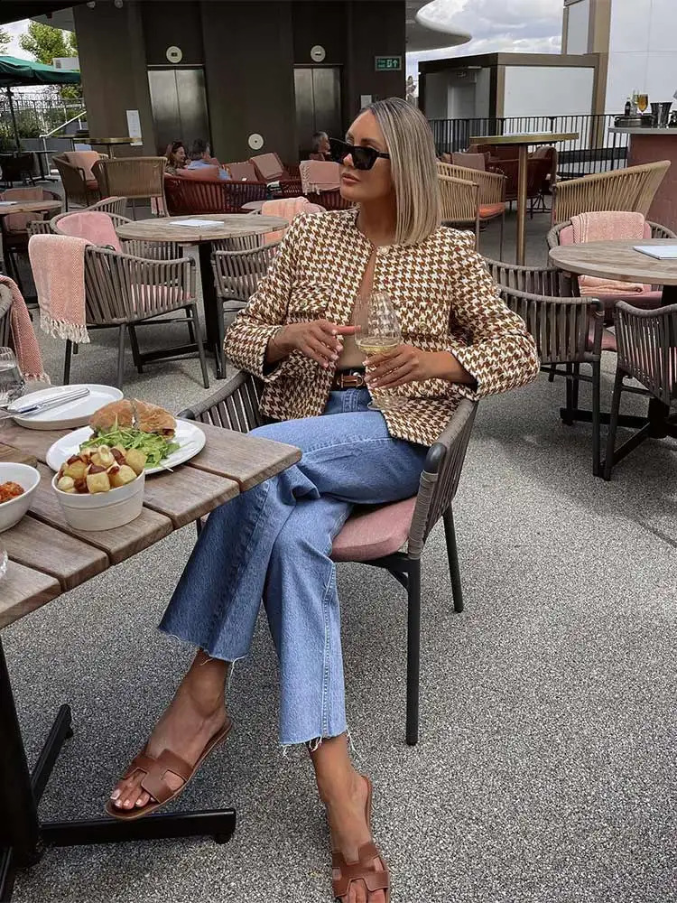 Women Elegant Plaid Tweed Jacket Autumn Long Sleeve Button Frayed Cropped Jackets Female Fashion Street Chic Pocket Coats 240307
