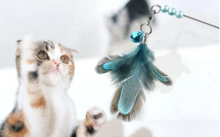 usd1.49/pc pet cat kitten toys cat teaser fishing pole rod sticks chicken feather 20pcs/lot 240315