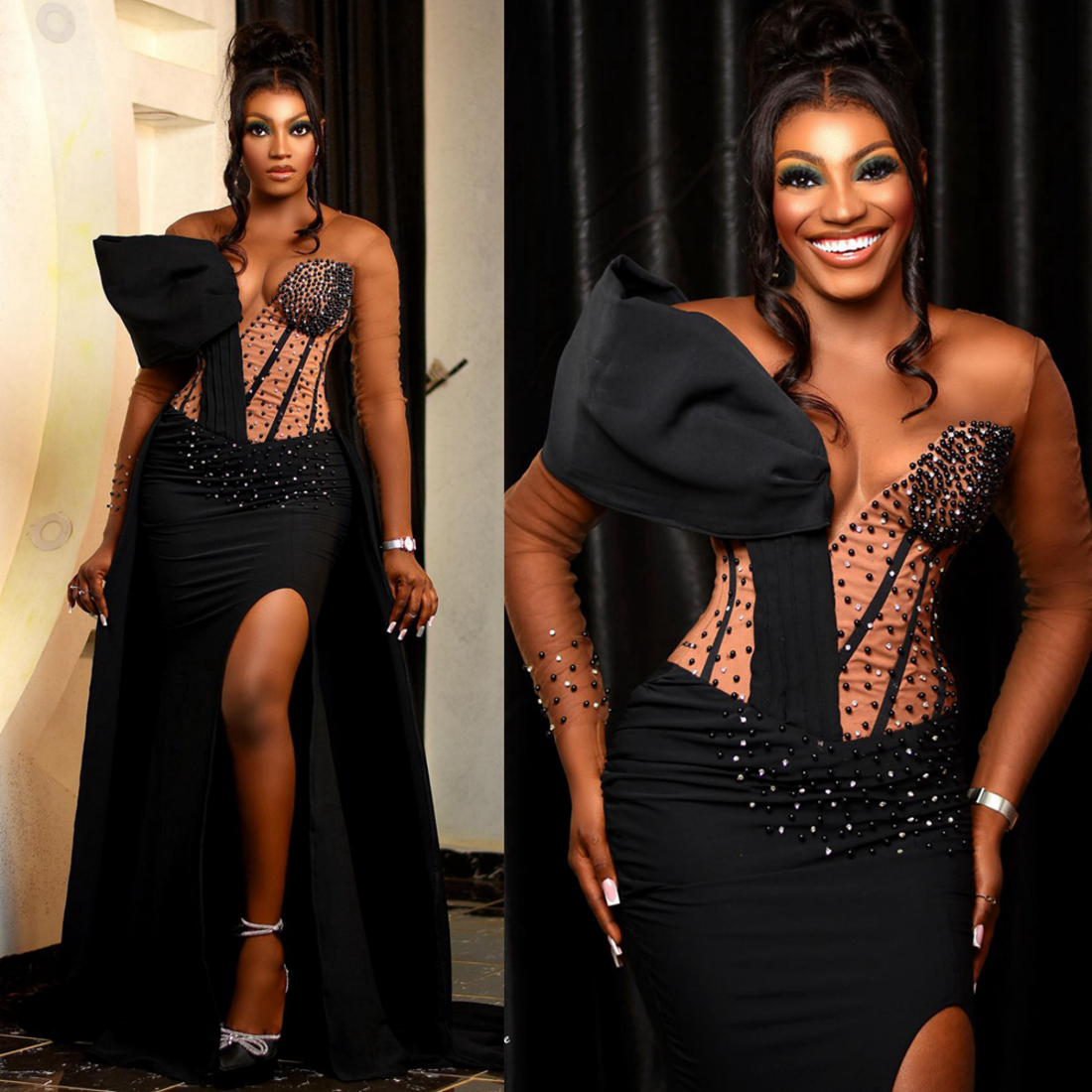 2024 Aso Ebi Plus Size Prom Dresses Mermaid for Black Women Long Sleeves Elegant Evening Dress Illusion Beaded Side Split Birthday Party Dress Engagem