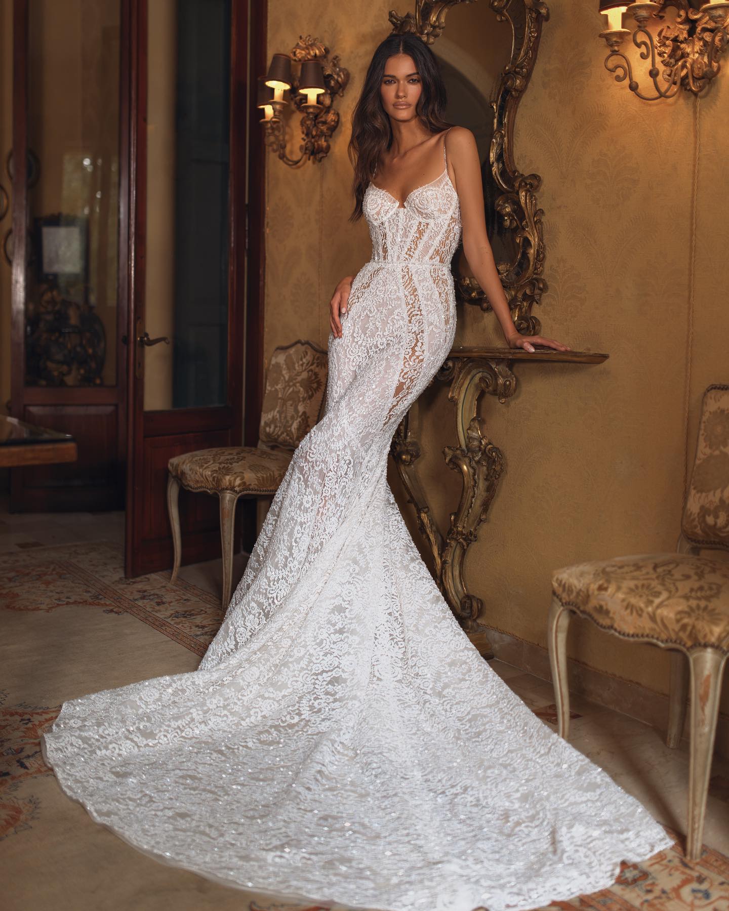 Berta Mermaid Chart Wedding Dress For Bride Spaghetti Sequins Fulllace Wedding Dresses Bridal Gowns Sweep Train Illusion Backless Lacefull Robe De Mar