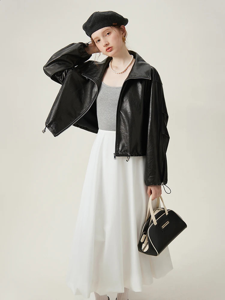 FSLE Retro Casual Black Leather Jacket For Womens Spring Short Women Causal Loose 24FS11359 240307