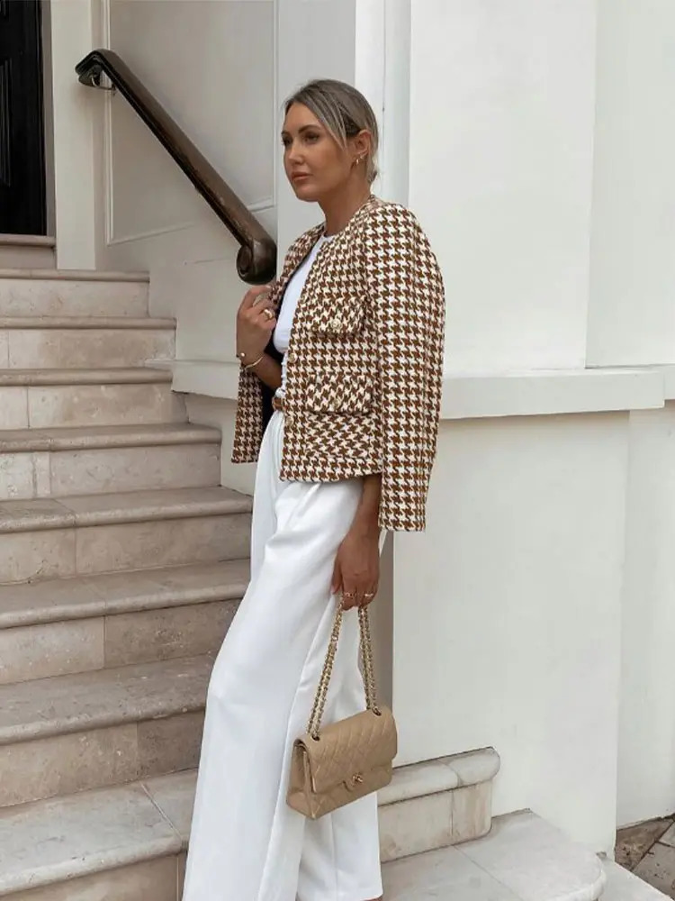Women Elegant Plaid Tweed Jacket Autumn Long Sleeve Button Frayed Cropped Jackets Female Fashion Street Chic Pocket Coats 240307