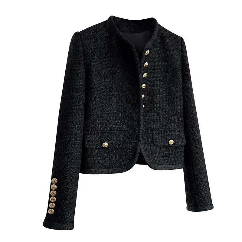 Spring Autumn Korean Y2k Chic Female Tweed Basic Jacket Coat Women Coats O Neck Long Sleeve Woolen Short Outerwear 240307