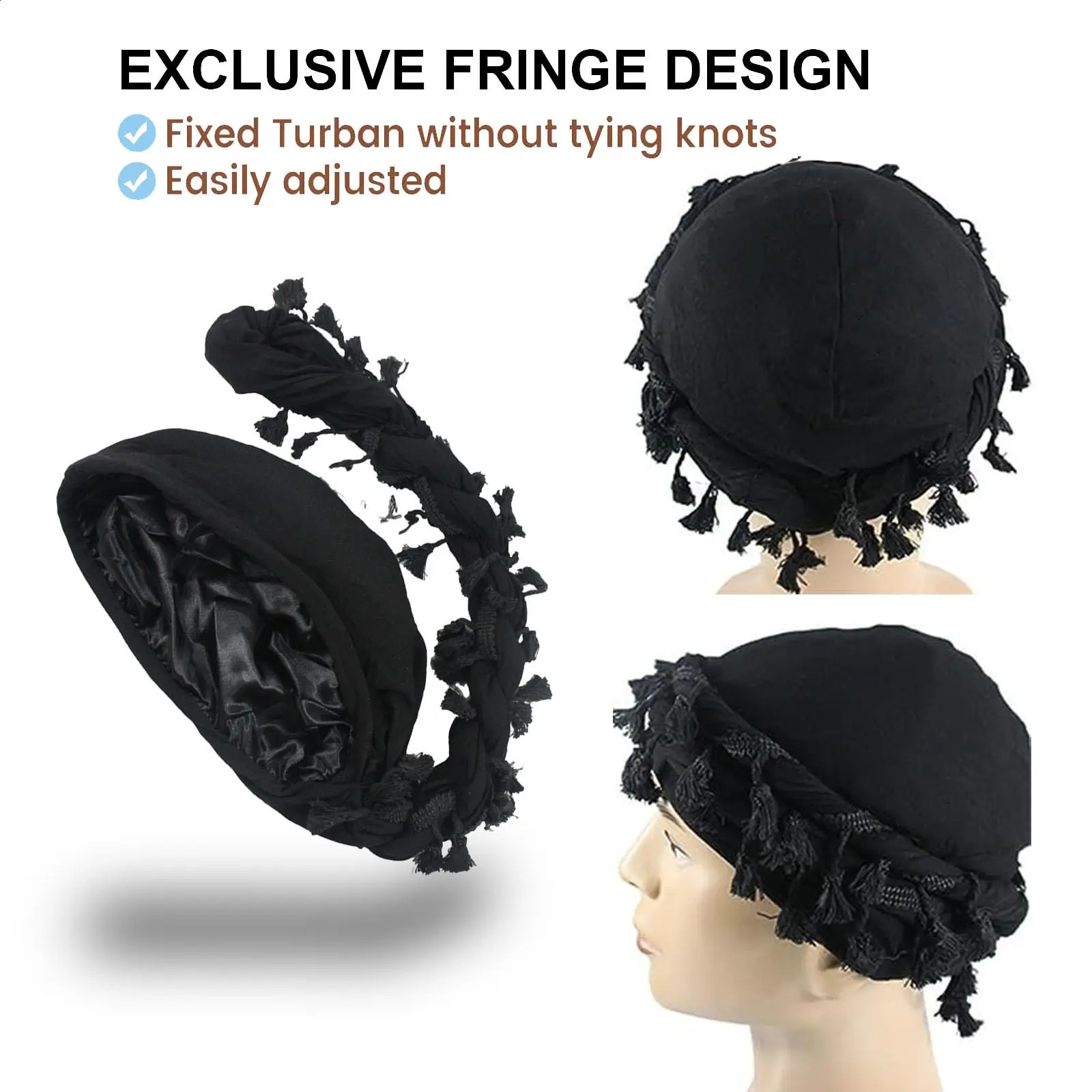 Vintage Twist Head Wraps Durag With Tassel for Men Black Grey Turban Scarf Tie Boys Hair Wrap 240318