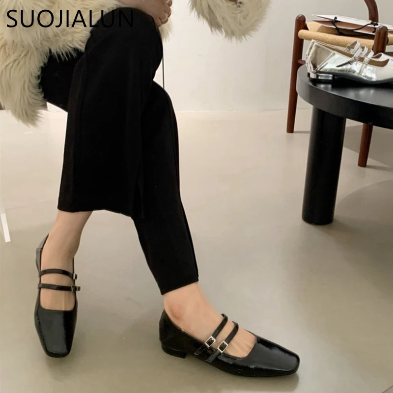 SUOJIALUN Spring Women Flat Shoes Fashion Square Toe Shallow Ladies Mary Jane Ballerinas Flat Heel Casual Ballet Shoes 240307