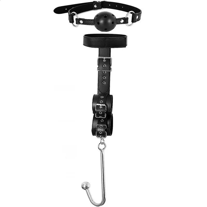 Sex Bondage Collar with Anal Hook Ball Gag BDSM Neck to Wrist Soft Restraints Kit Fetish Couples Game Tool 240312