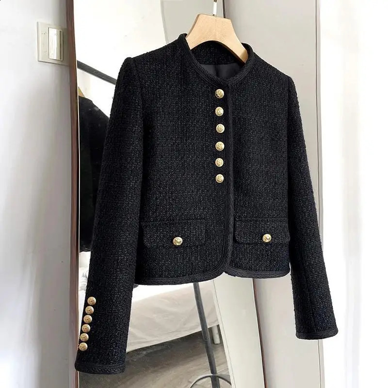 Spring Autumn Korean Y2k Chic Female Tweed Basic Jacket Coat Women Coats O Neck Long Sleeve Woolen Short Outerwear 240307