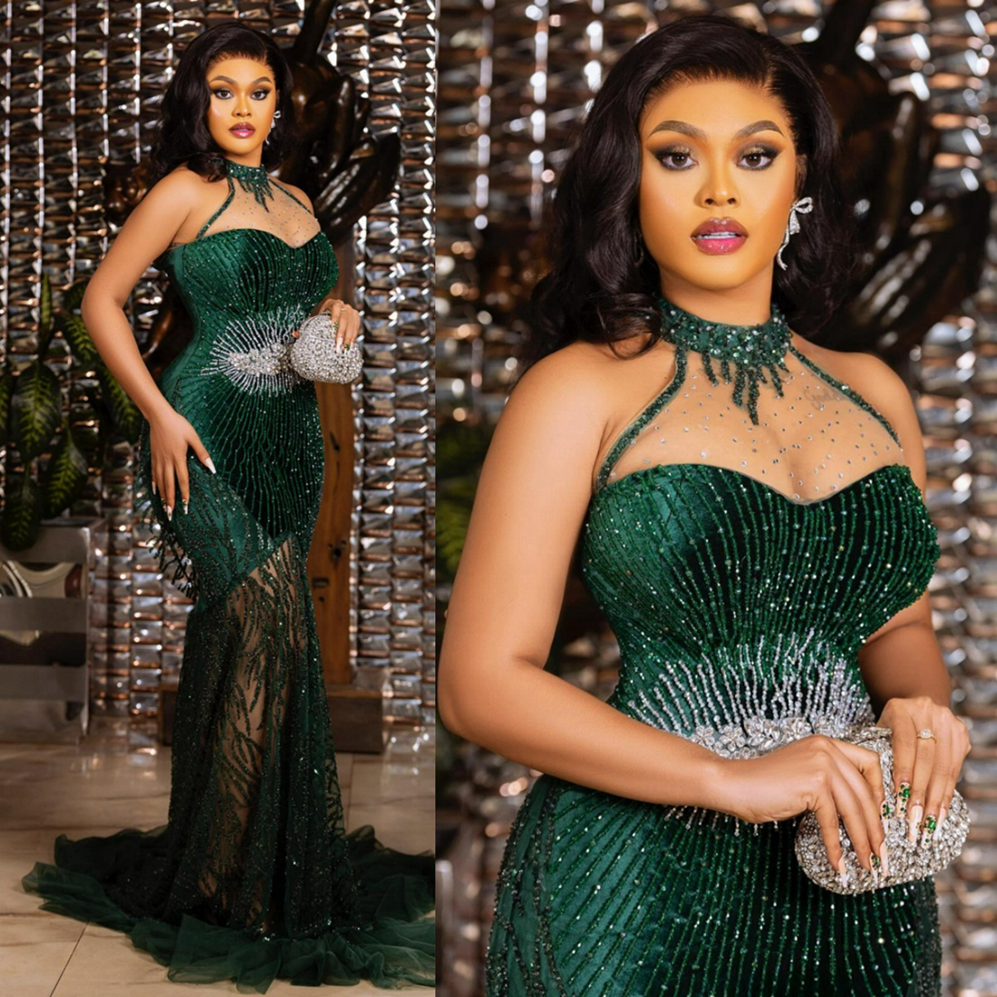 2024 African Prom Dresses Mermaid for Black Women Hunter Green Evening Dresses Plus Size Beaded Lace Formal Gowns for Special Occasions Second Recepti