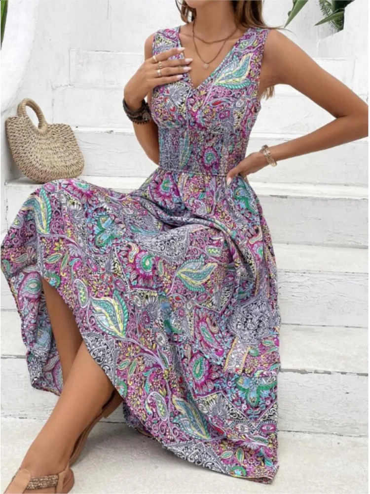 Summer Boho Dres Fahsion Sleeveless Print Beach Party Dresses Elegant Casual Holiday Female Dress For Women Robe Femme 240313