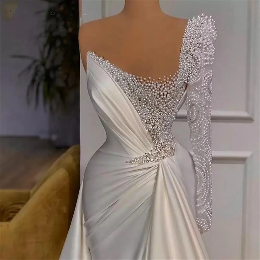 Sexy White Mermaid Wedding Dresses Illusion Pearls Beadings One Shoulder Satin Long Sleeve Plus Size Bridal Gowns Vestidos De Novia