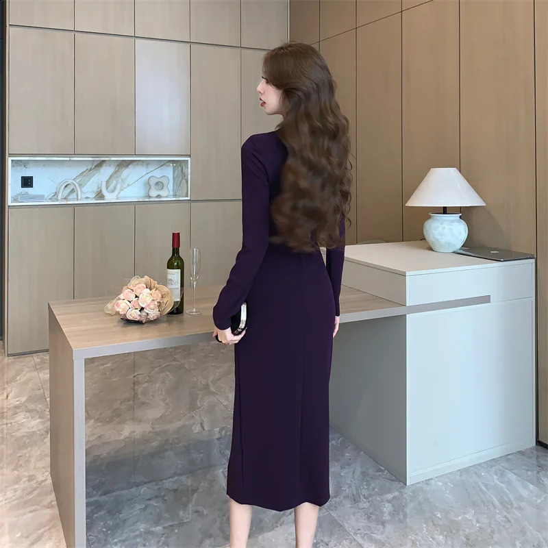 Solid Long Sleeve Elegant Dres Clothing Wedding Guest Year Women Fashion High Waist Slim Evening Party Dresses 240314