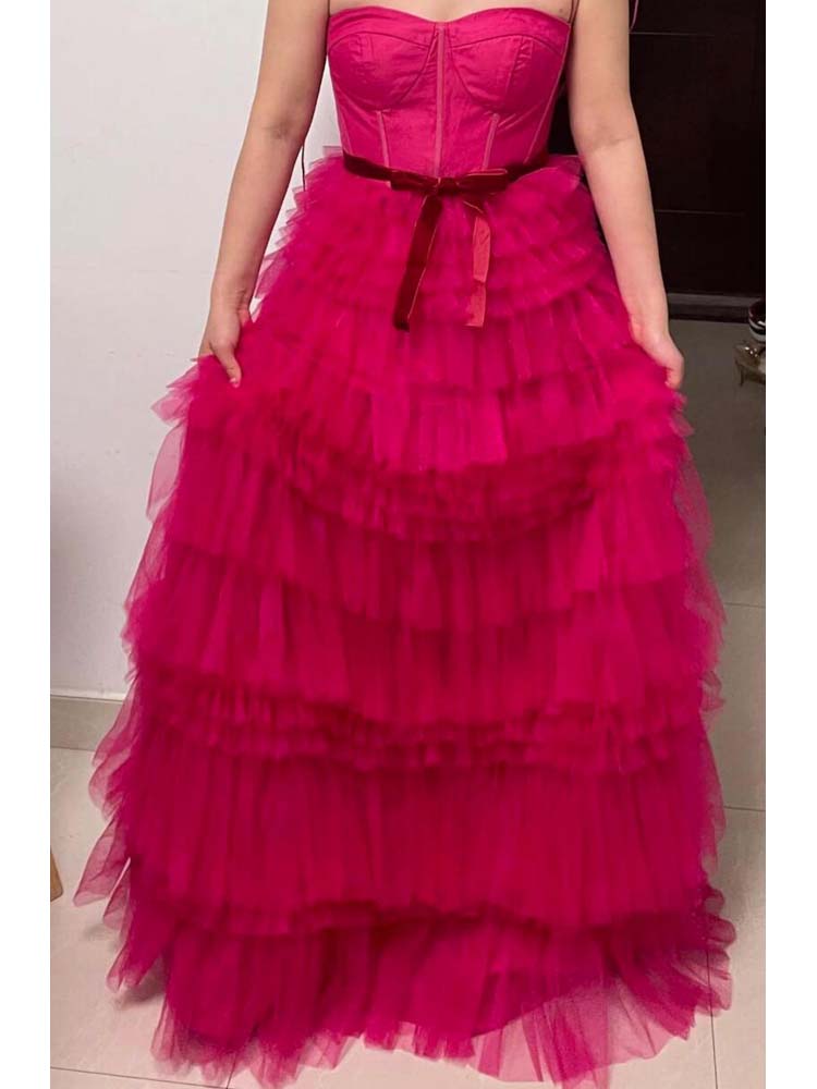 Fuchsia Evening Dress Layers Ball Gown Prom Dresses Sweetheart Sleeveless Zipper Back Sweep Train