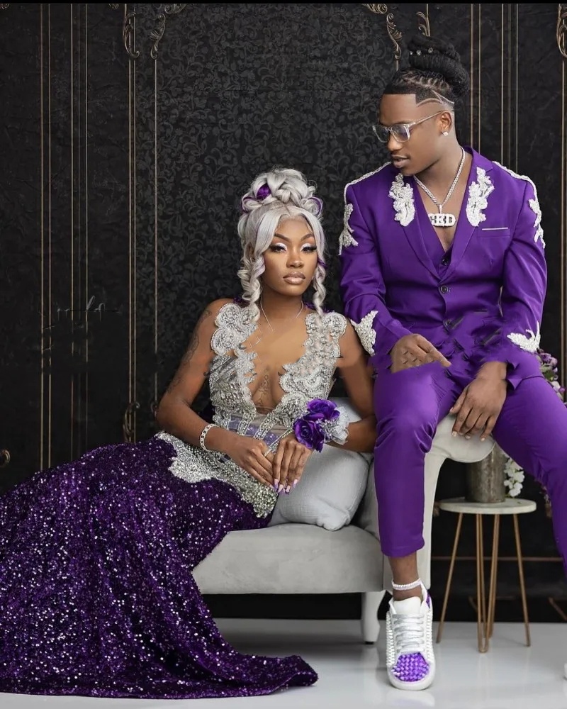 Stunning Purple Prom Dresses For Black Girls Sheer Neck Crystal Sequin Mermaid Party Gowns Long Birthday Outfits