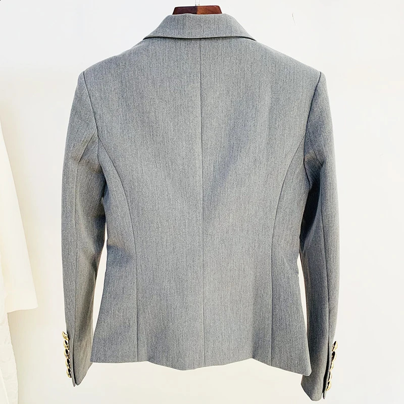 Stylish Designer Pale Grey Lion Buttons Double Breasted Blazer For Women Slim Fit Classic Jacket Star Style Elegance B3