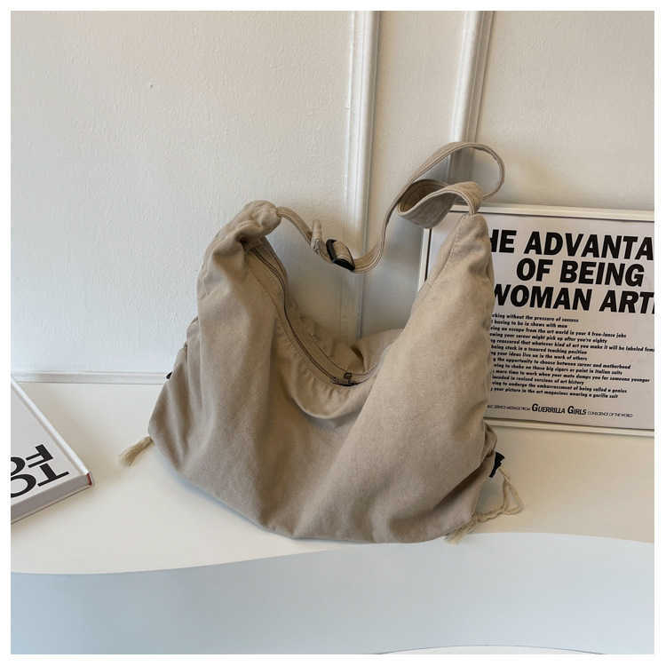 Crossbody Bag Female College Students Class Bag Dual-purpose Ins Japanese Korean Large Capacity Solid Color Canvas Commuting Shoulder Bag 240315