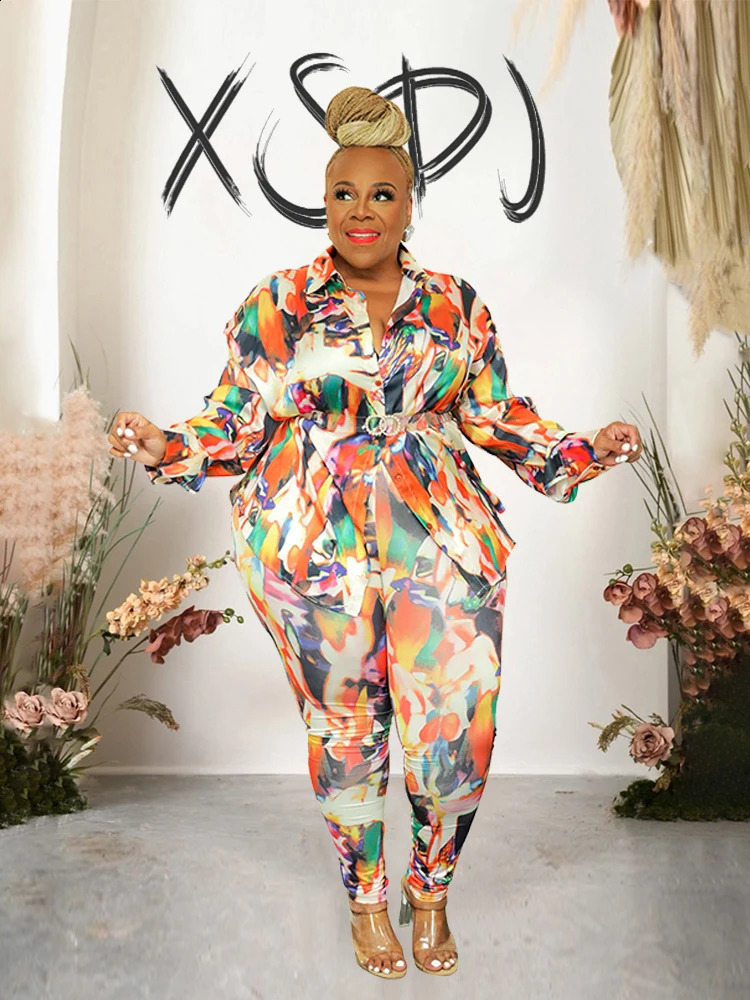 Plus Size Matching Sets Spring Print Shirt Top and Pants Two Piece Set for Women Streetwear Fashion Suit Wholesale Drop 240309