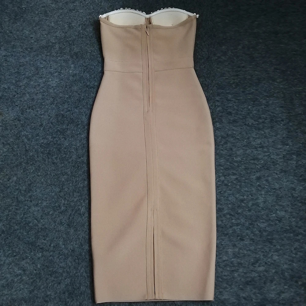 Sexy Straples Dress Bandage Bodycon 2023 Elegant Beading Party Evening Club Midi Dresses Summer Autumn Clothes 240306