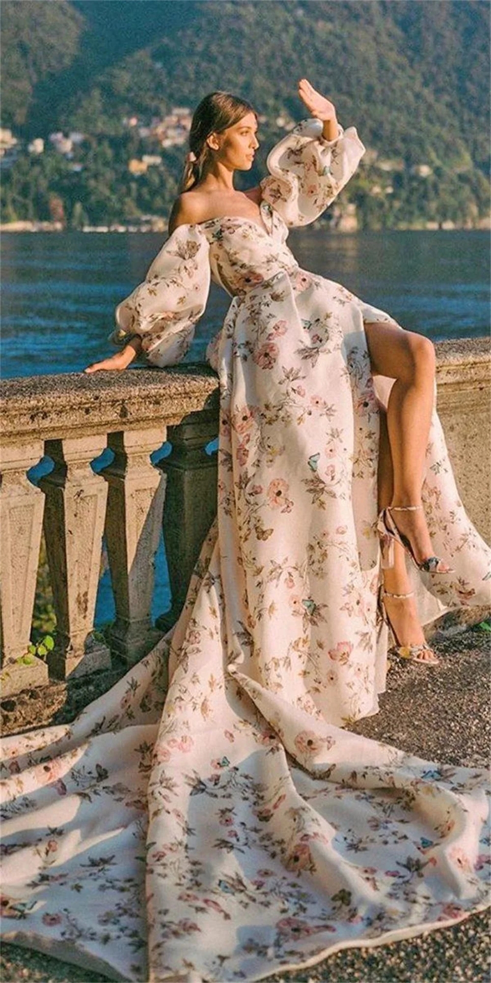 New Arrival Long Pageant Dress 2025 Off The Shoulder Puffy Sleeves Wer Print Lace Up Women Formal Prom Birthday Gown Robe De Soiree