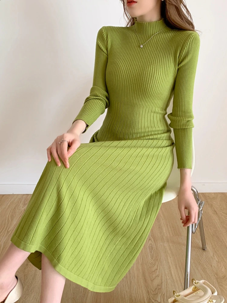 Autumn Winter Slim Long Sleeve Party Midi Dress for Women Knitted Half High Collar Elegant Sweater Dresses Ladies 240305
