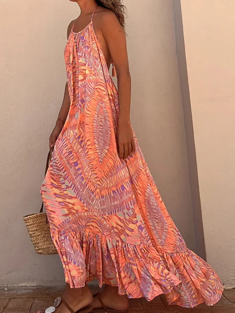 Summer Style Womens Sexy Printed Beach Dresses Bohemian Vacation Spaghetti Strap Halter Laceup long Dress 240318wtt