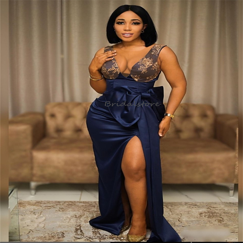 Sexy Navy Blue Plus Size Prom Dress With High Slit Gold Applique Lace Mermaid Evening Dresses With Bow Elegant Black Girls Dance Party Dress Vestios D