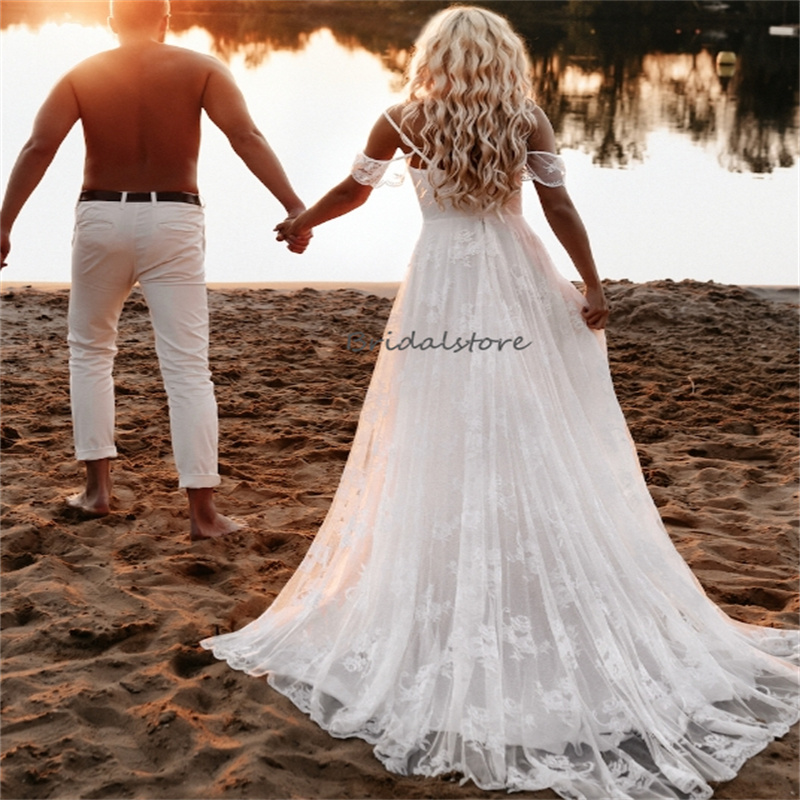 Civil Lace Boho Wedding Dress Spaghetti Straps A Line High Slit Beach Bridal Dresses 2024 Sexy Backless Bohemian Bride Dress Great Gatsby Chic Novias 