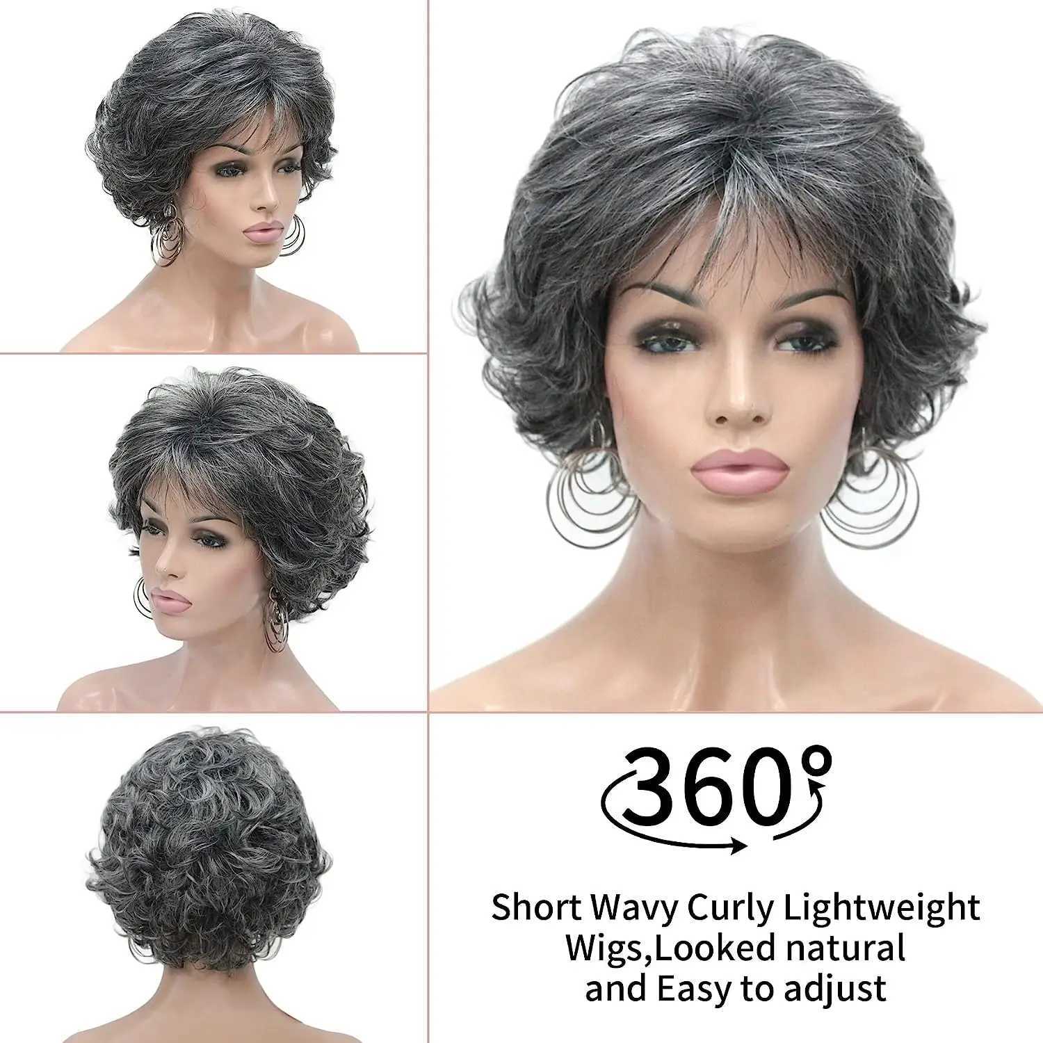Slivery Grey Short Curly Wavy Wig 100% Imported Premium Synthetic Fashion Brown Hair Wigs For Women 240328 240327