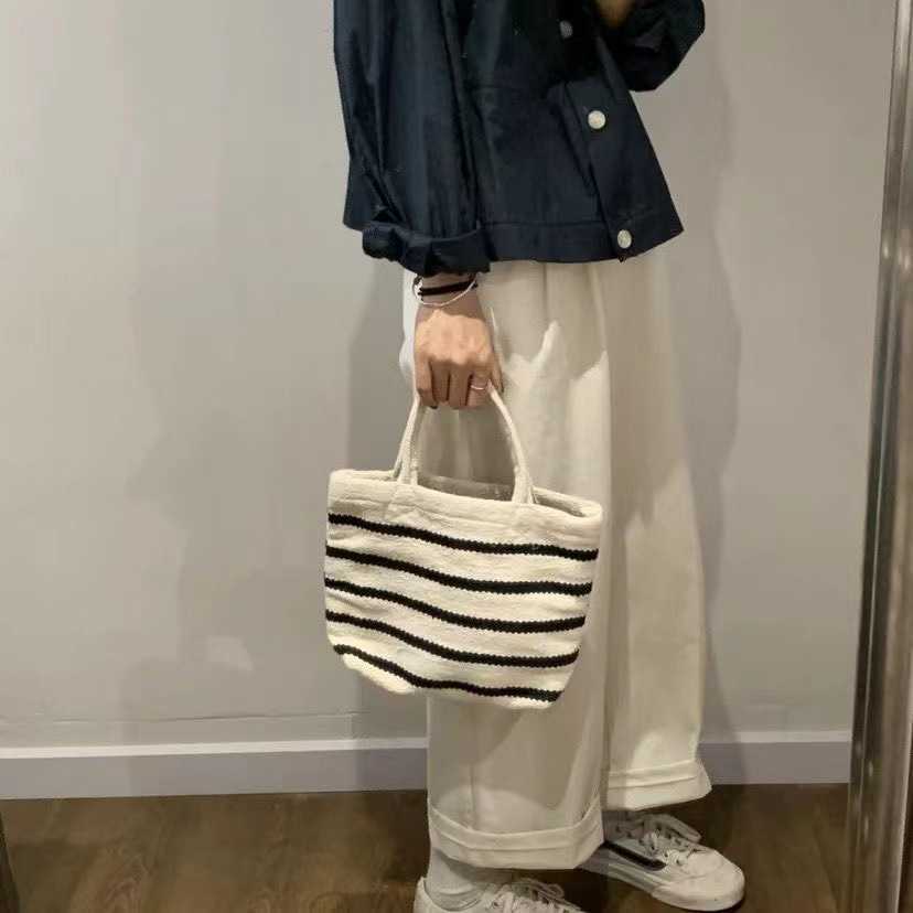 Handmade Woven Small Tote Bag Hand-held Rice Bag for Women Fashionable Versatile Cotton Bag 240315