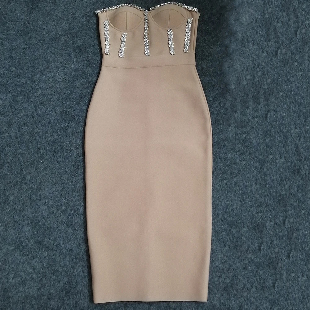 Sexy Straples Dress Bandage Bodycon 2023 Elegant Beading Party Evening Club Midi Dresses Summer Autumn Clothes 240306