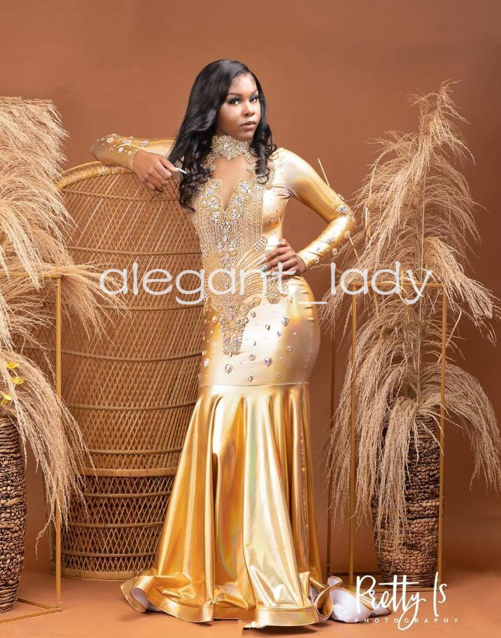 Gold Sparkly Trumpet Evening Formal Dresses for Black Girl Sparkly Luxury Diamond Crystal Prom Gala Gown 2024