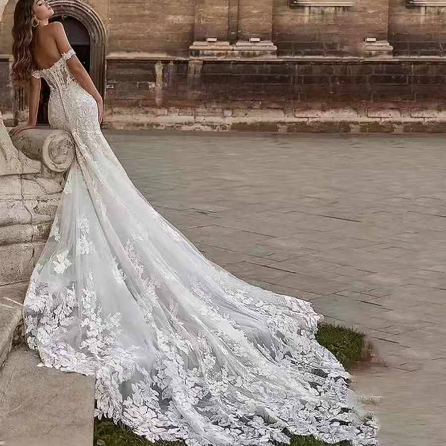 Lace Mermaid Boho Wedding Dresses Appliques Off Shoulder Ivory Beach Bridal Gowns Chapel Train Sexy Summer Bride Dress Custom made 2024