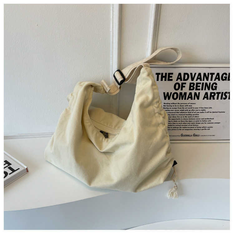 Crossbody Bag Female College Students Class Bag Dual-purpose Ins Japanese Korean Large Capacity Solid Color Canvas Commuting Shoulder Bag 240315