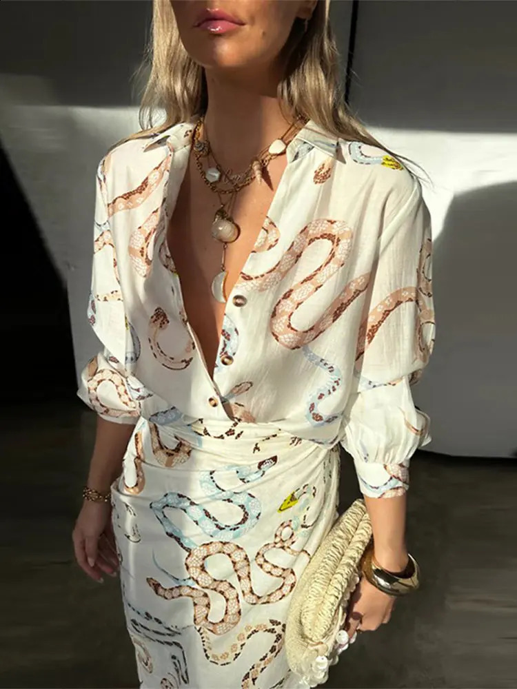 Snake Print Long Sleeve Shirt Split Skirt 2 Pcs Set Women Single Breasted Loose Lapel Short Dress Set Summer Chic Female Suits 240329
