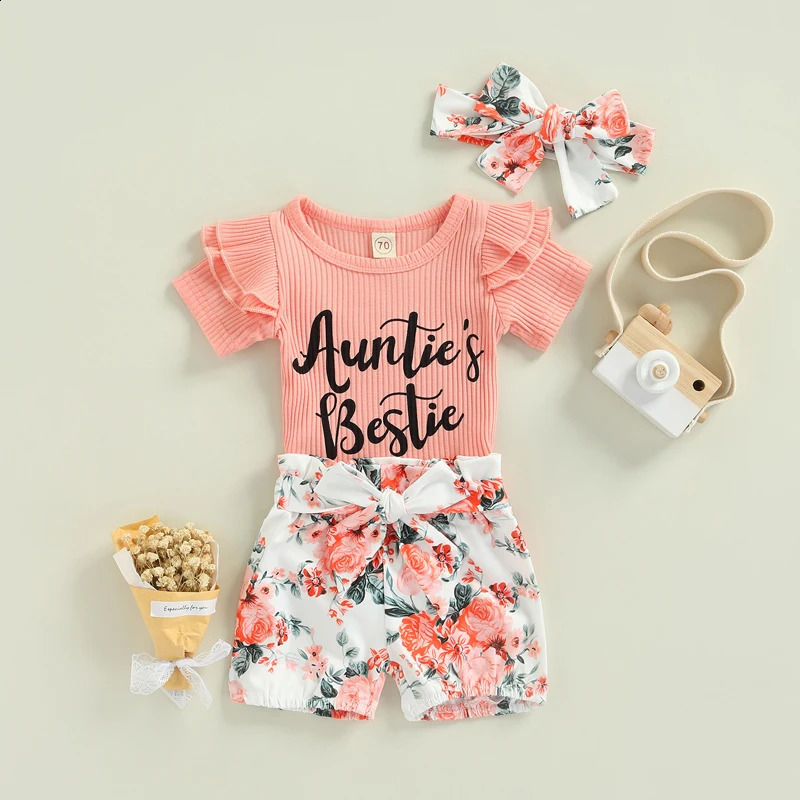 3PCSSet Baby Girl Summer Clothes Ruffle Ribbed Romper Jumpsuit Floral Shorts Headband Outfit Babay Clothing Set 240313