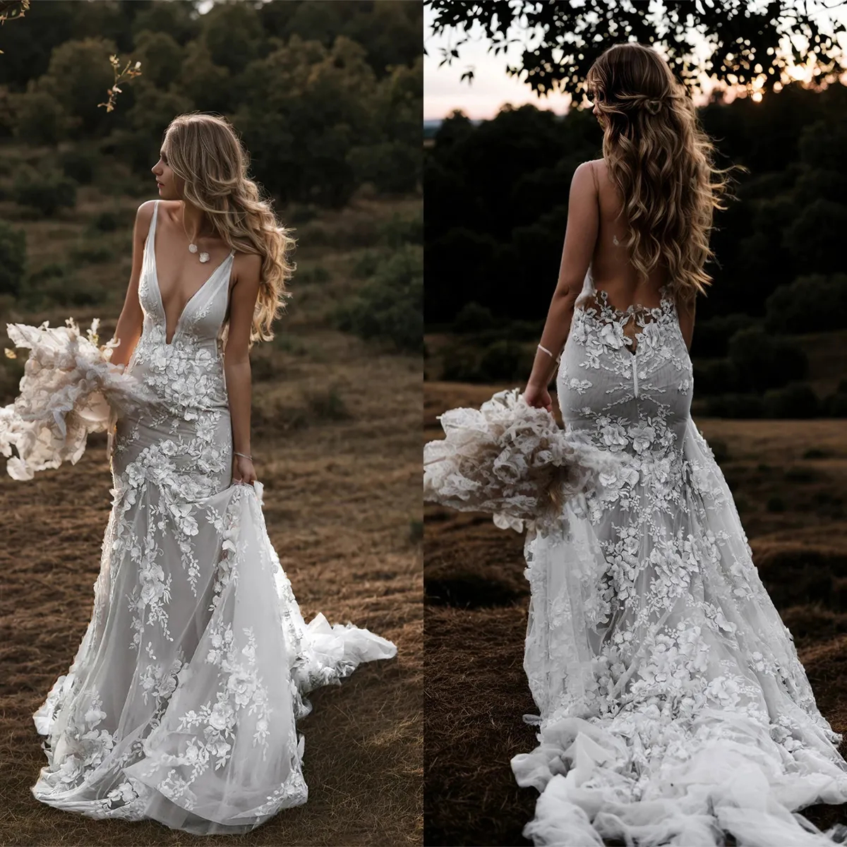 3D Floral Appliques Boho Wedding Dresses Deep V-Neck Sleeveless Sexy Backless Long Country Bridal Gowns Court Train Summer Beach Mermaid Bride Dress 2