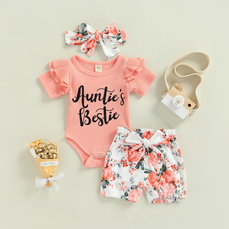 3PCSSet Baby Girl Summer Clothes Ruffle Ribbed Romper Jumpsuit Floral Shorts Headband Outfit Babay Clothing Set 240313