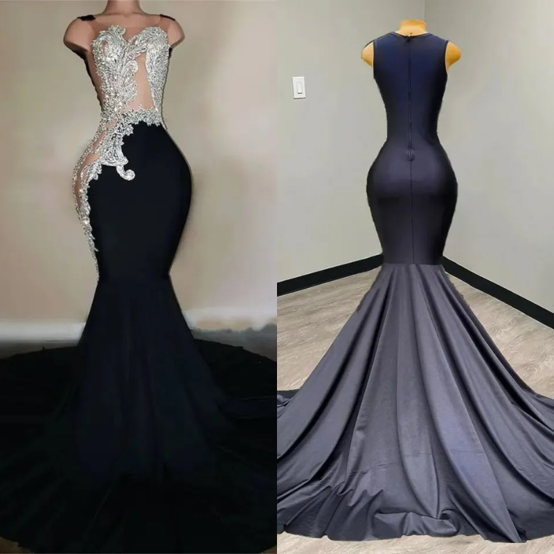 Vintage Sexy Black Mermaid Formal Prom Dresses Arabic Aso Ebi Silver Crystals Lace Appliqued Vintage Formal Gowns Court Train Women Second Reception E