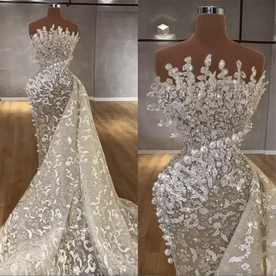 Mermaid Wedding 2024 Dresses Bridal Gown Lace Applique Beaded Pearls Sweep Train Organza Designer Illusion Custom Made Plus Size Vestido De Novia