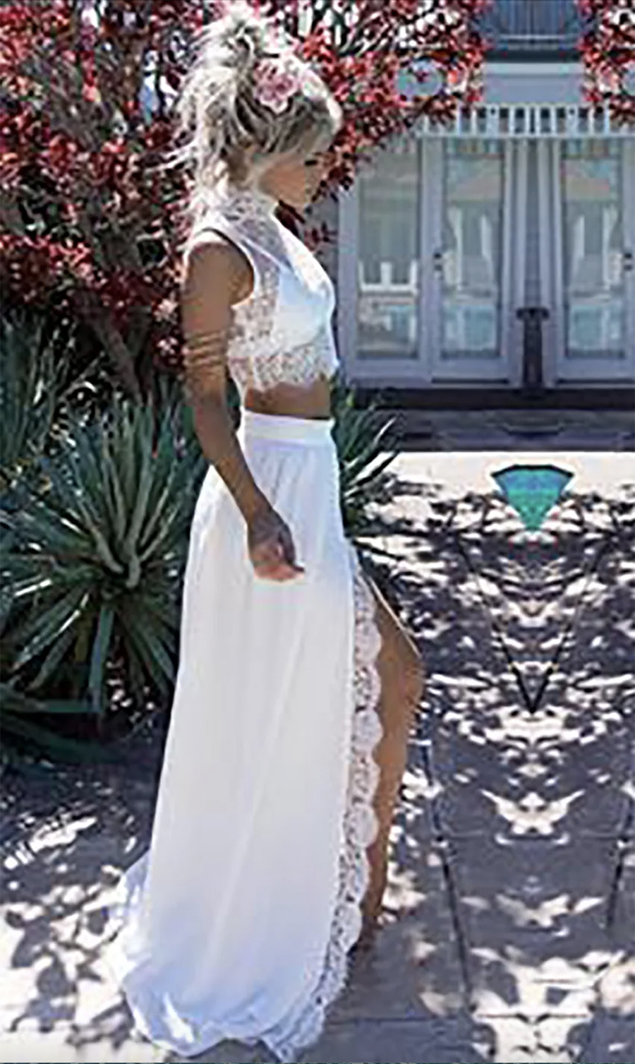 Two Pieces Casual Beach Wedding Dresses 2024 Summer Design Front High Split Long Sleeves Lace Top Chiffon Bridal Gowns Custom Size A e