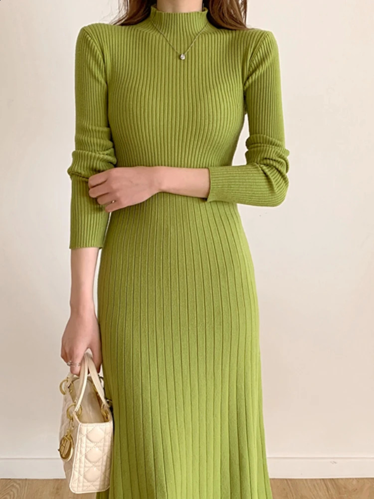 Autumn Winter Slim Long Sleeve Party Midi Dress for Women Knitted Half High Collar Elegant Sweater Dresses Ladies 240305