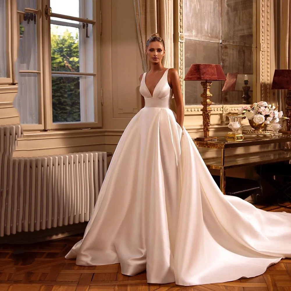 Elegant A E Simple Women Dresses V Neck With Pockets Bridal Dress Backless Sexy Satin Wedding Gowns YD 6660306