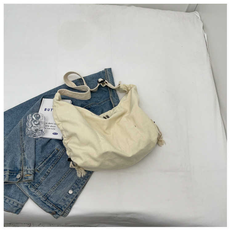Crossbody Bag Female College Students Class Bag Dual-purpose Ins Japanese Korean Large Capacity Solid Color Canvas Commuting Shoulder Bag 240315